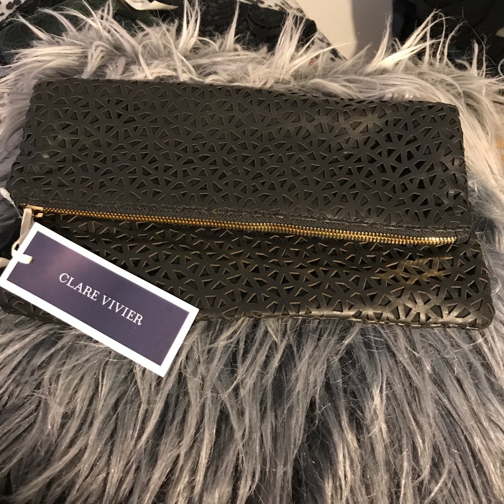 Clare V black laser cut clutch bag